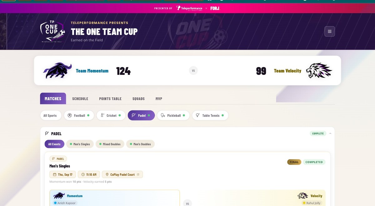 forjsports.live — Live tournament dashboard, The One Team Cup, Momentum 124 vs Velocity 99
